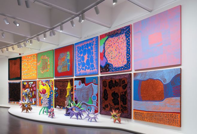 An installation of Kusama's work from a 2017 exhibition work at the Hirshhorn Museum in Washington, D.C.