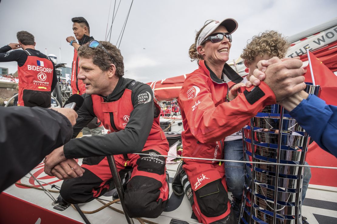 Brouwer is reunited with her son at the Volvo Ocean Race finish in The Hague. 