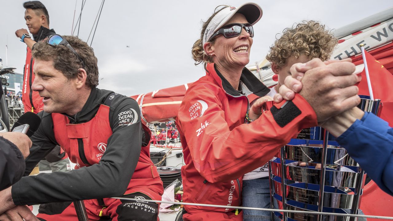 Brouwer is reunited with her son at the Volvo Ocean Race finish in The Hague.
