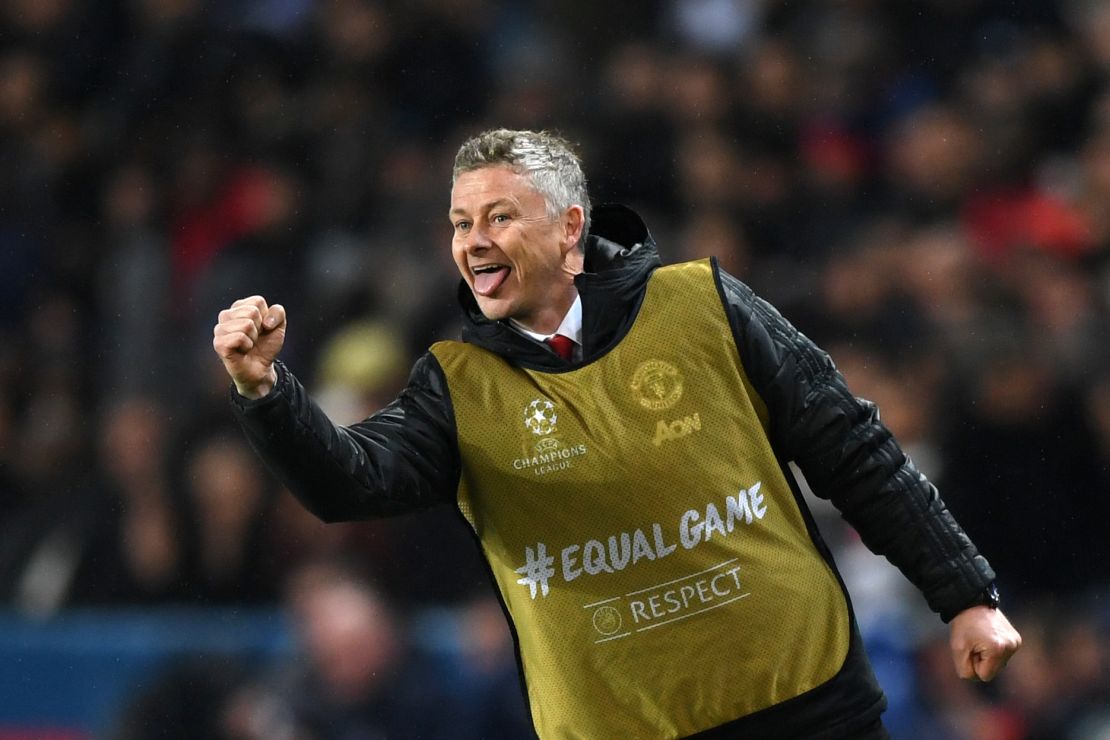 Ole Gunnar Solskjaer celebrates during the famous win over PSG.