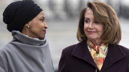 U.S. House Speaker Nancy Pelosi, a Democrat from California, right, and Representative Ilhan Omar, a Democrat from Minnesota, smile during a news conference in Washington, D.C., U.S., on Friday, March 8, 2019. House Democrats are set to approve H.R. 1, a far-reaching elections and ethics bill that would change the way congressional elections are funded, impose new voter-access mandates on states, require groups to publicize donors and force disclosure of presidential candidates' tax returns. Photographer: Alex Edelman/Bloomberg via Getty Images