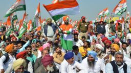 Congress party supporters hold party flags during the launch of the party's campaign in Punjab  ahead of the upcoming Lok Sabha elections, at a Congress rally in Killi Chahlan village near Moga on March 7, 2019. (Photo by NARINDER NANU / AFP)        (Photo credit should read NARINDER NANU/AFP/Getty Images)