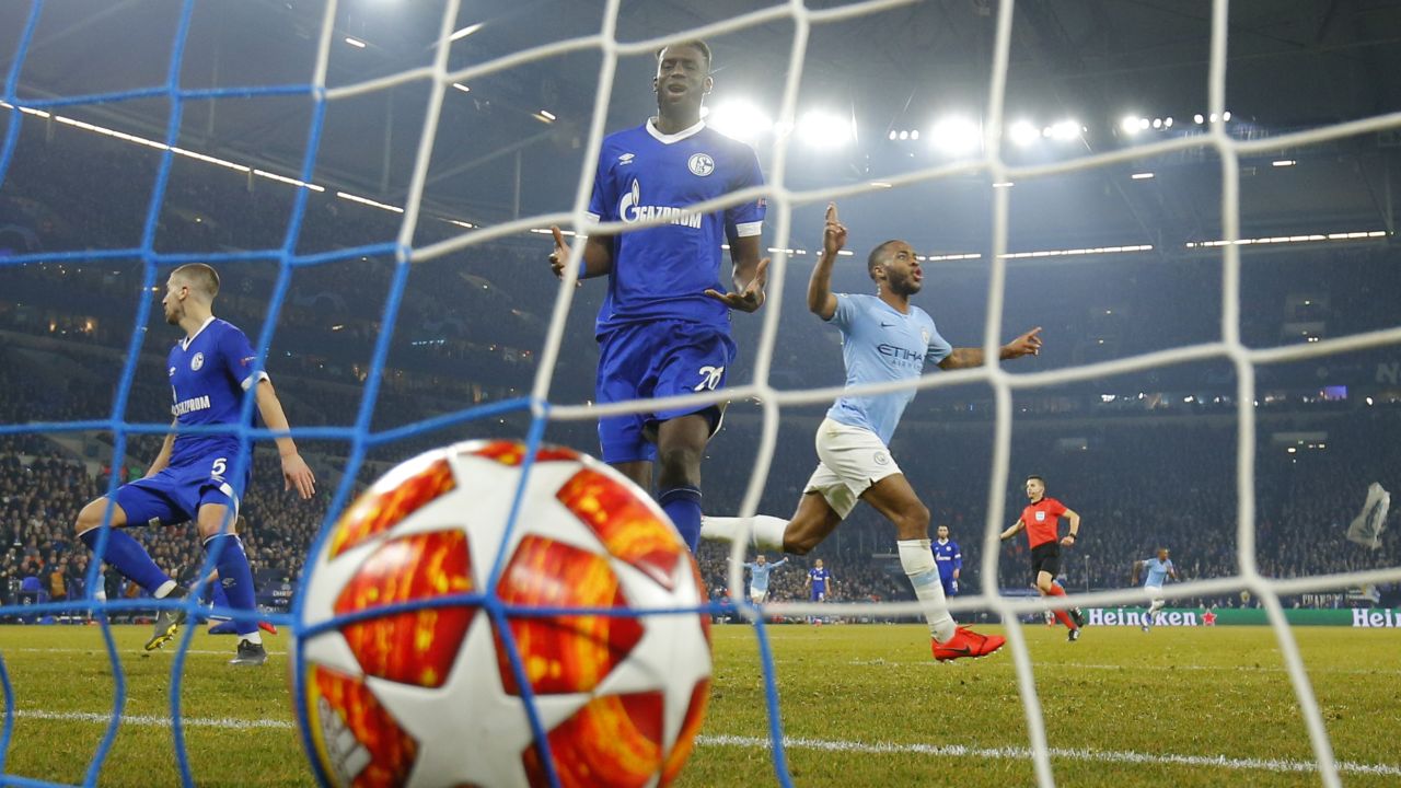 Manchester City forward Raheem Sterling celebrates after scoring against Schalke in the Champions League in February.