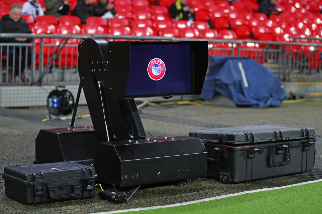The VAR monitor is seen pitchside at Champions League games.