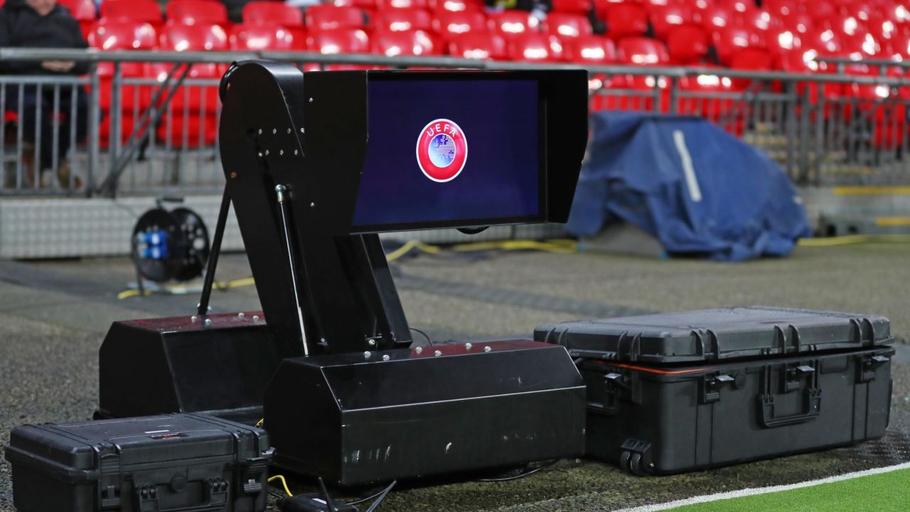 The VAR monitor is seen pitchside at Champions League games.