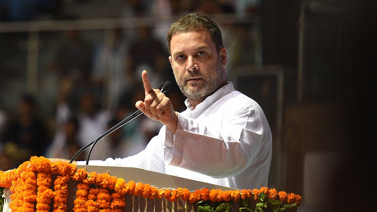 Congress President Rahul Gandhi addresses crowds in New Delhi.