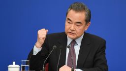 China's Foreign Minister Wang Yi reacts as he answers a question during a National People's Congress press conference in Beijing on March 8, 2019. - China threw its weight behind Huawei's legal battle against the United States on March 8, vowing to take all necessary measures to defend the "legitimate rights" of Chinese companies and individuals. (Photo by WANG ZHAO / AFP)        (Photo credit should read WANG ZHAO/AFP/Getty Images)