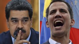 This combination of pictures created on February 5, 2019 shows Venezuelan President Nicolas Maduro gesturing during a press conference at Miraflores Presidential Palace in Caracas, on January 9, 2019 and Venezuela's National Assembly head Juan Guaido addressing the crowd during a mass opposition rally in Caracas on January 23, 2019. - International clamor for snap elections in Venezuela intensified as European powers recognized opposition chief Juan Guaido as interim leader, after President Nicolas Maduro rejected an ultimatum to call early voting. (Photo by STF / AFP)        (Photo credit should read STF/AFP/Getty Images)
