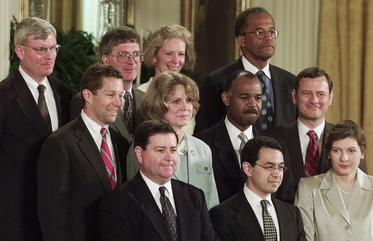 In May 2001, President George W. Bush nominated Roberts  to the US Court of Appeals for the District of Columbia. Roberts is seen at right along with Bush's other judicial appointments.