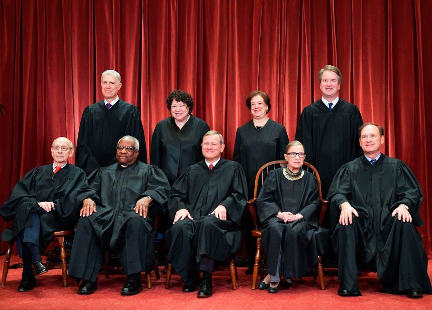 The US Supreme Court, with newest member Brett Kavanaugh, poses for an official portrait in November 2018. In the back row, from left, are Neil Gorsuch, Sonia Sotomayor, Kagan and Kavanaugh. In the front row, from left, are Stephen Breyer, Clarence Thomas, Roberts, Ginsburg and Samuel Alito.