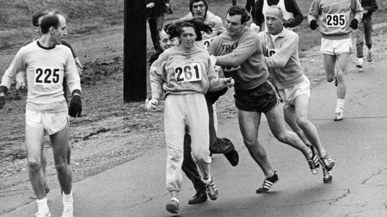 Kathrine Switzer was spotted early in the Boston Marathon by a man who tried to rip the number off her shirt and remove her from the race.