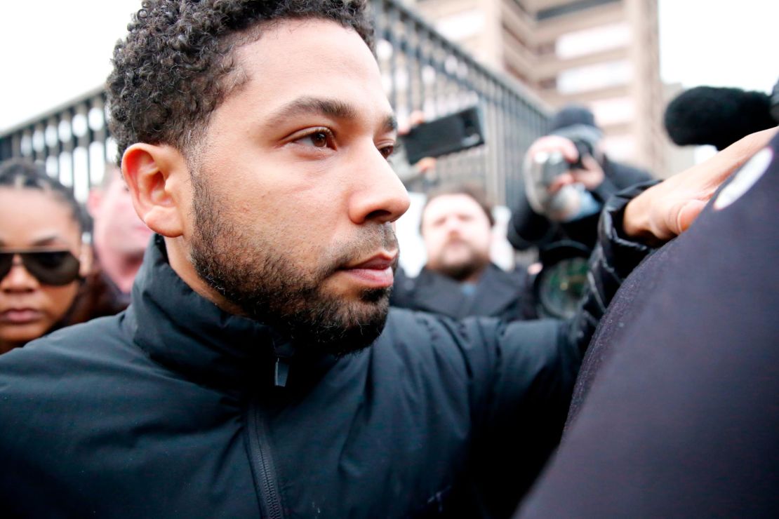 Empire actor Jussie Smollett leaves Cook County jail after posting bond on February 21, 2019, in Chicago.