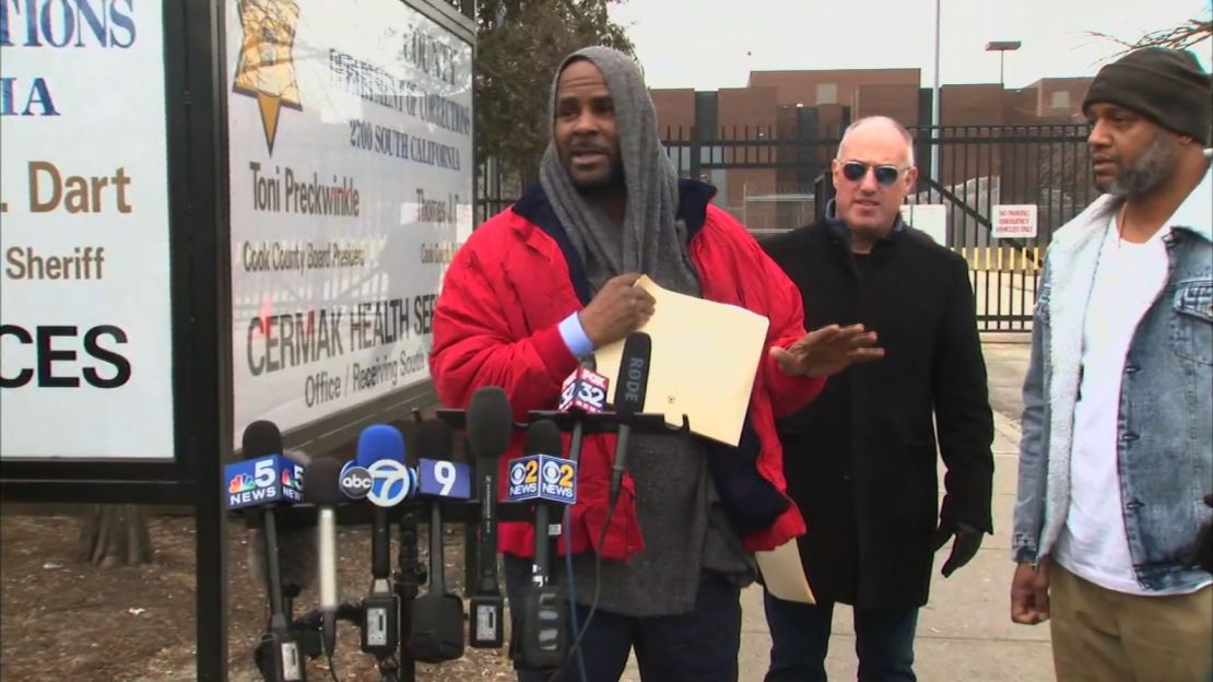 R. Kelly addresses reporters Saturday in Chicago after being released from jail in a child support case.