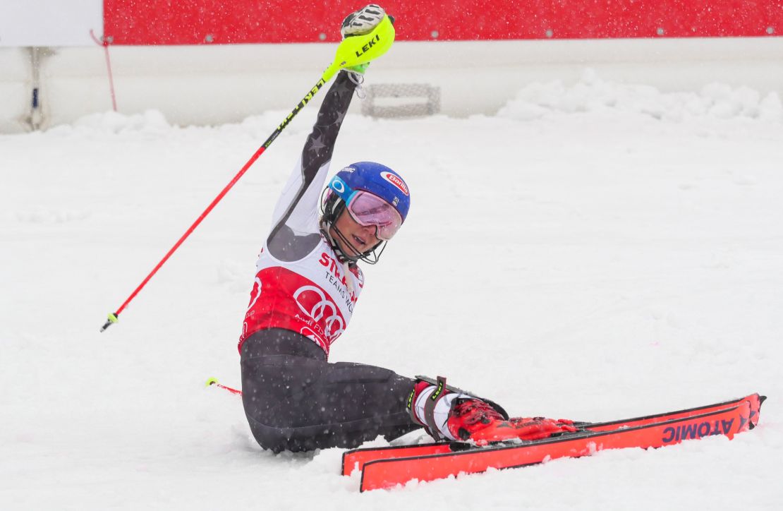 Mikaela Shiffrin celebrates her opening slalom run despite the poor conditions. 