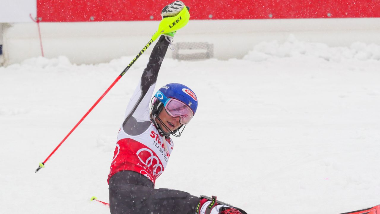Mikaela Shiffrin celebrates her opening slalom run despite the poor conditions.