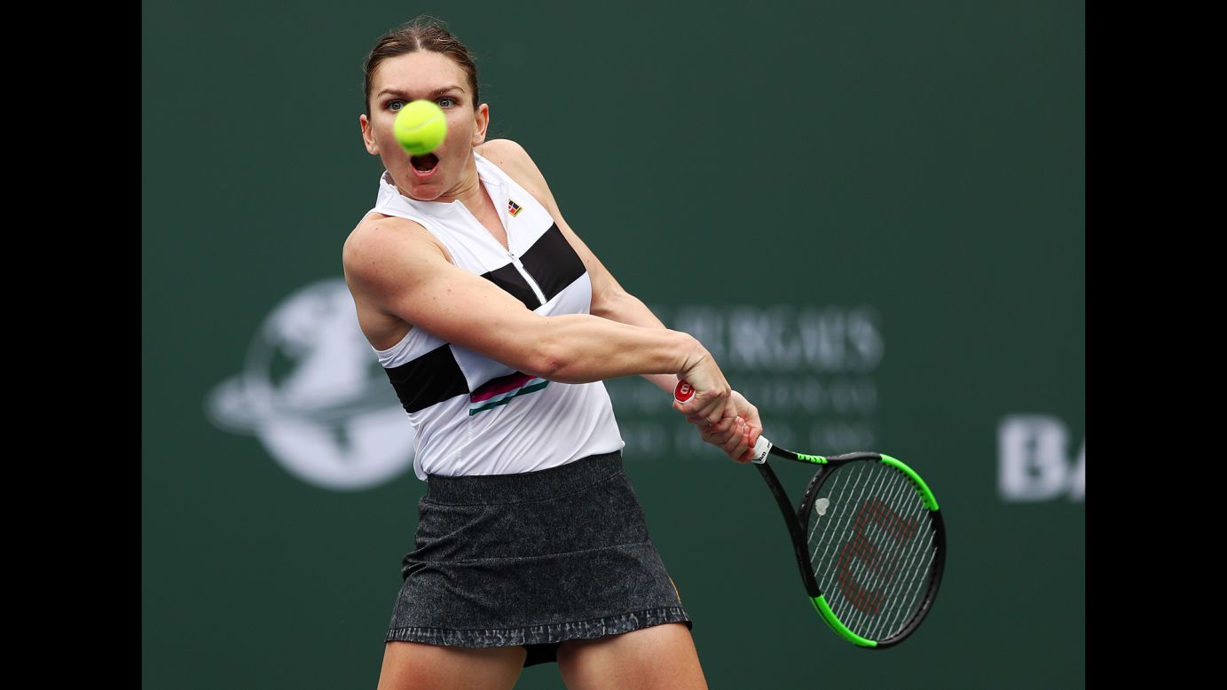 Simona Halep plays a forehand against Kateryna Kozlova during their women's singles third round match of the BNP Paribas Open at the Indian Wells Tennis Garden on March 10, in Indian Wells, California. Halep defeated Kozlova in straight sets to advance to the round of 16.
