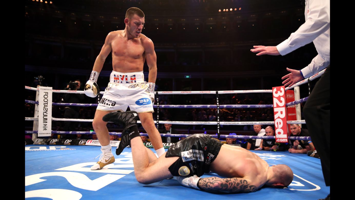 Liam Williams knocks down Joe Mullender during the British Middleweight Championship at the Royal Albert Hall, London on Friday, March 8. Williams defeated Mullender in two rounds.