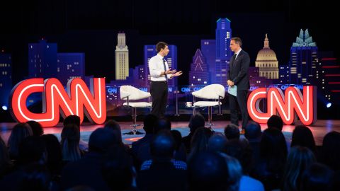 Buttigieg speaks with CNN's Jake Tapper during the CNN Democratic Presidential Town Hall in Austin, Texas, March 2019. 