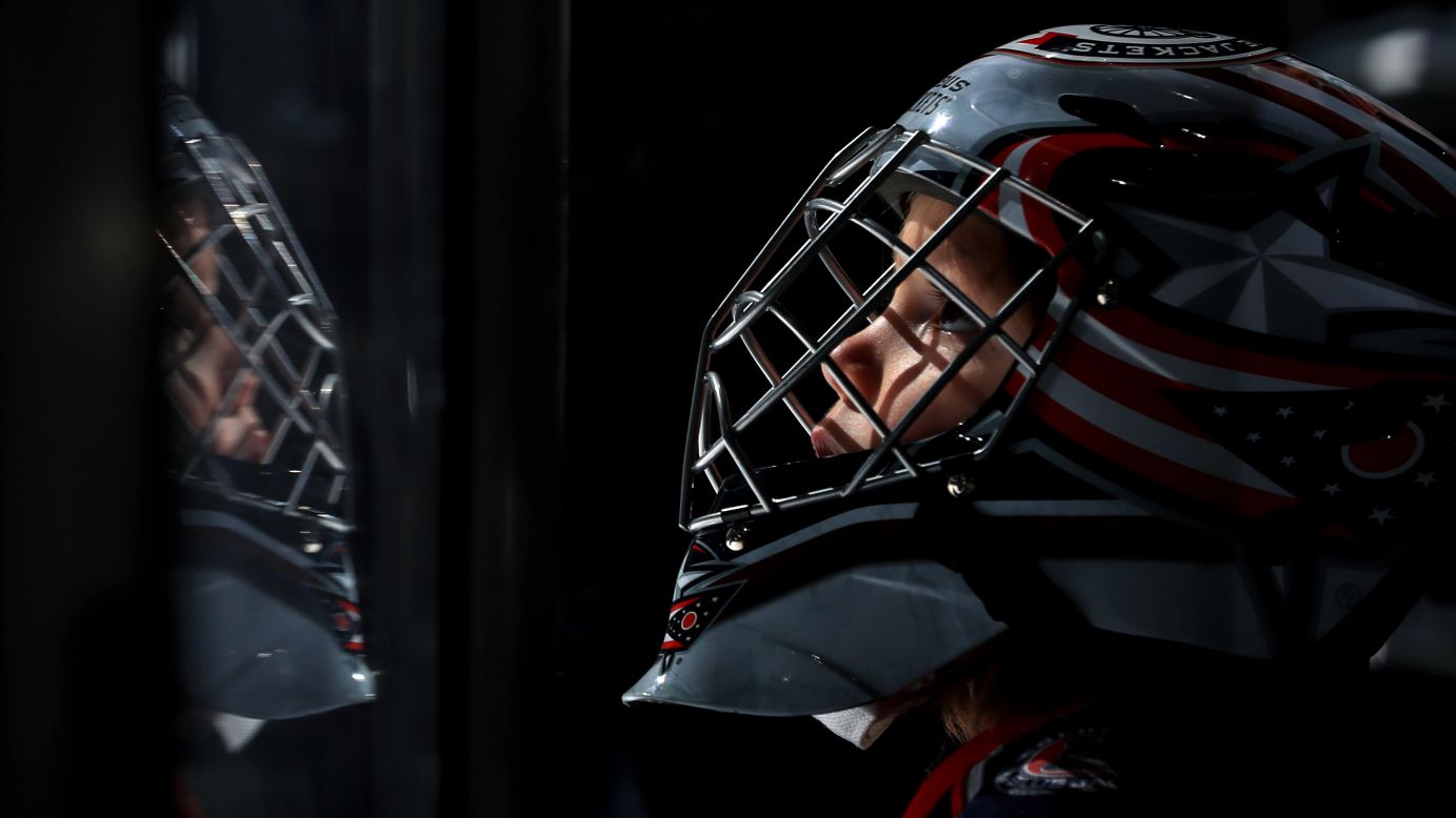 A young fan watches warmups prior to an NHL game between the Winnipeg Jets and the Columbus Blue Jackets at Nationwide Arena on Sunday, March 3.