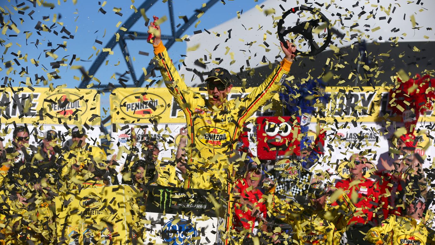 Joey Logano celebrates in Victory Lane after winning the Monster Energy NASCAR Cup Series Pennzoil Oil 400 at Las Vegas Motor Speedway on March 3.