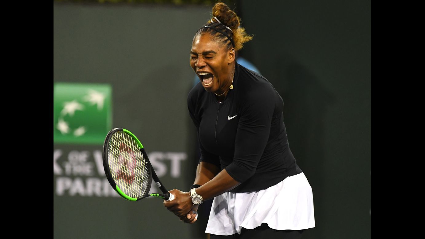 Serena Williams screams after winning a point against Victoria Azarenka during their second round match in the BNP Paribas Open at the Indian Wells Tennis Garden on Friday, March 8.