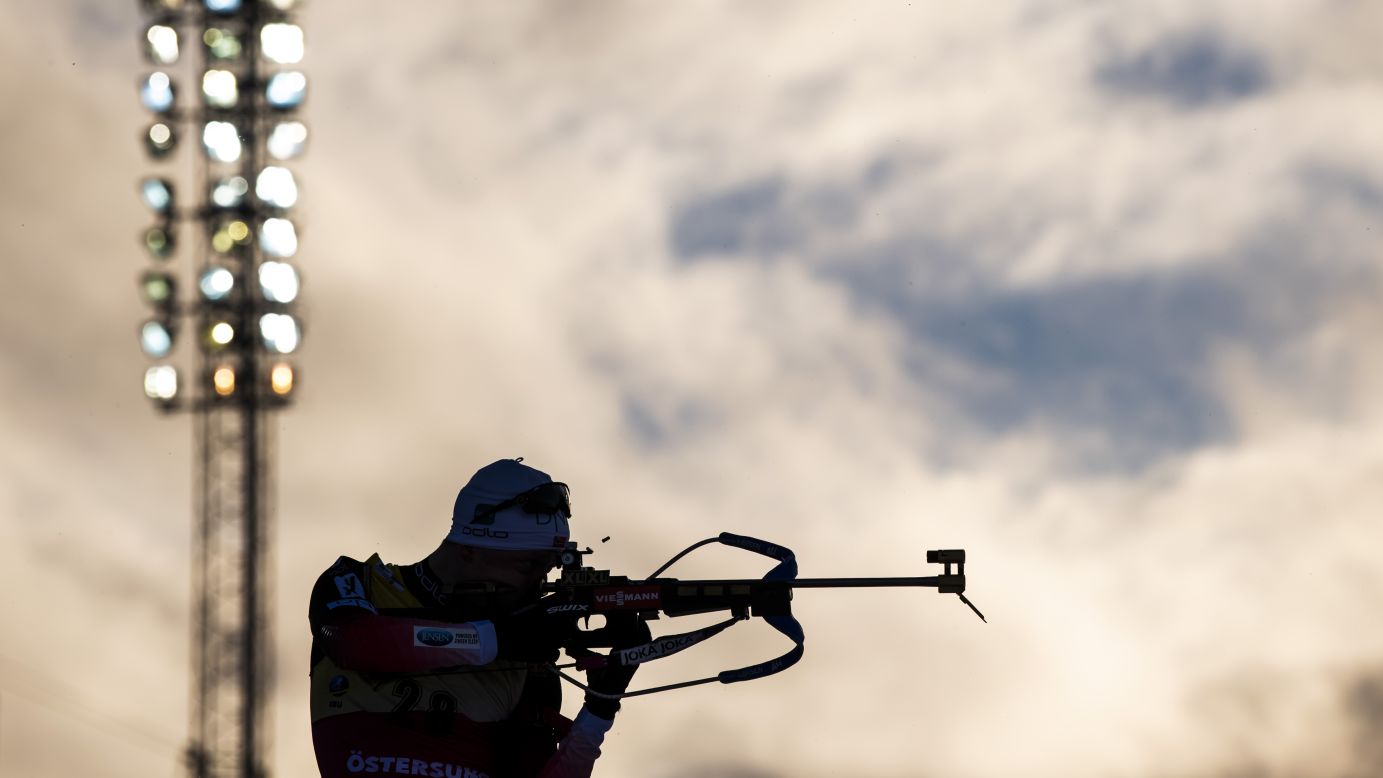 Norway's Johannes Thingnes Boe warms up at the shooting range before the men's sprint event at the IBU Biathlon World Championships on Saturday, March 9, in Ostersund, Sweden.