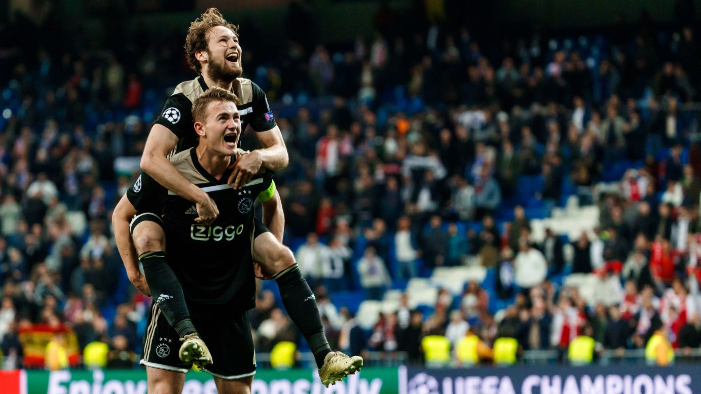 Lasse Schone and Matthijs De Ligt of Ajax celebrate during their UEFA Champions League round-of-16 second-leg match against Real Madrid on March 5 in Madrid, Spain. In a major upset, Ajax defeated the three-time defending Champions League winner Real Madrid by a score of 4-1.