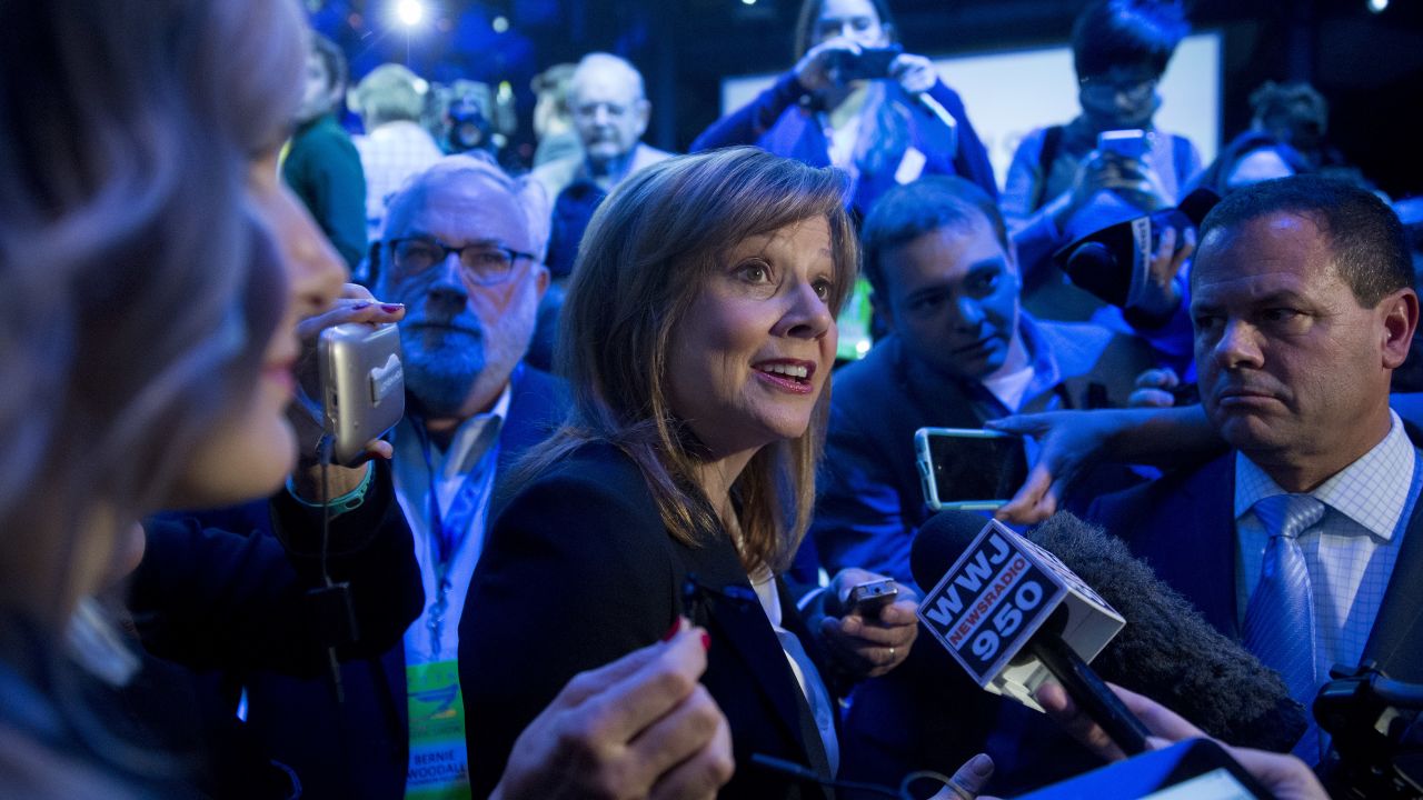 Mary Barra, CEO of GM, speaks to members of the media ahead of the 2016 North American Auto Show in Detroit, Michigan.