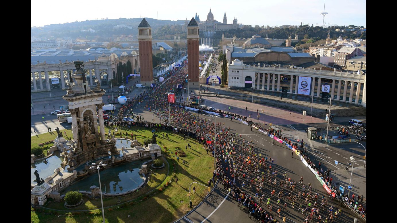 Participants run at the start of the 2019 Barcelona marathon on Sunday, March 10, in Barcelona.