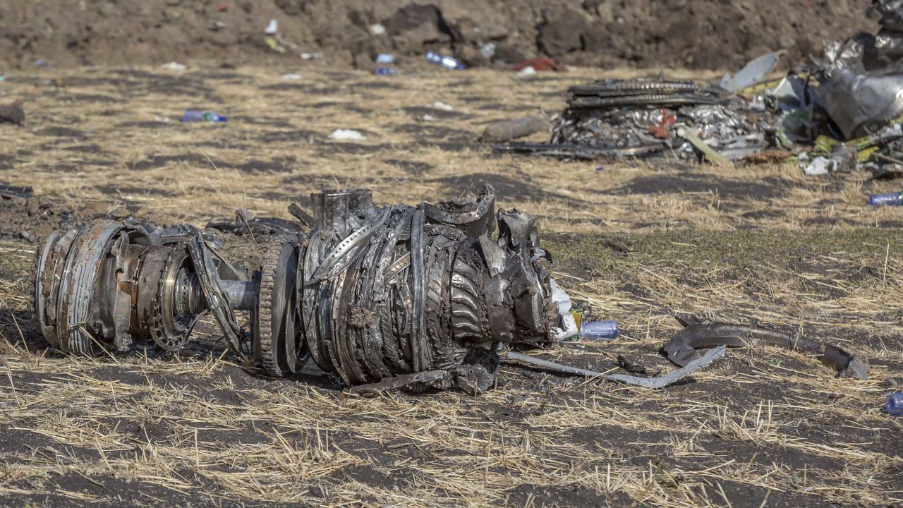 Airplane parts lie on the ground at the scene of the Ethiopian Airlines  crash on Monday.