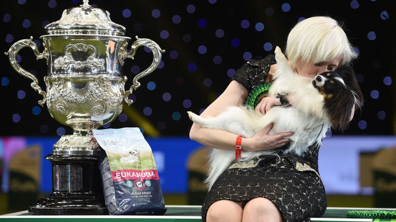 Dylan, seen here with owner Kathleen Roosens and the Best in Show trophy