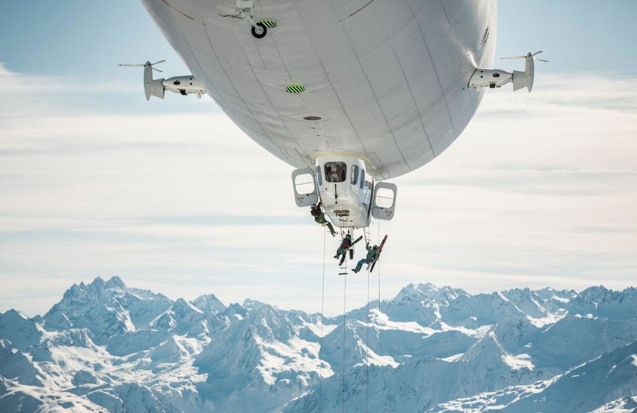 Skiers Stefan Ager, Andreas Gumpenberger and Fabian Lentsch came up with the idea of using a Zeppelin to fly them to the summit of the 7,326-feet Kleiner Valkastiel mountain in Austria. 