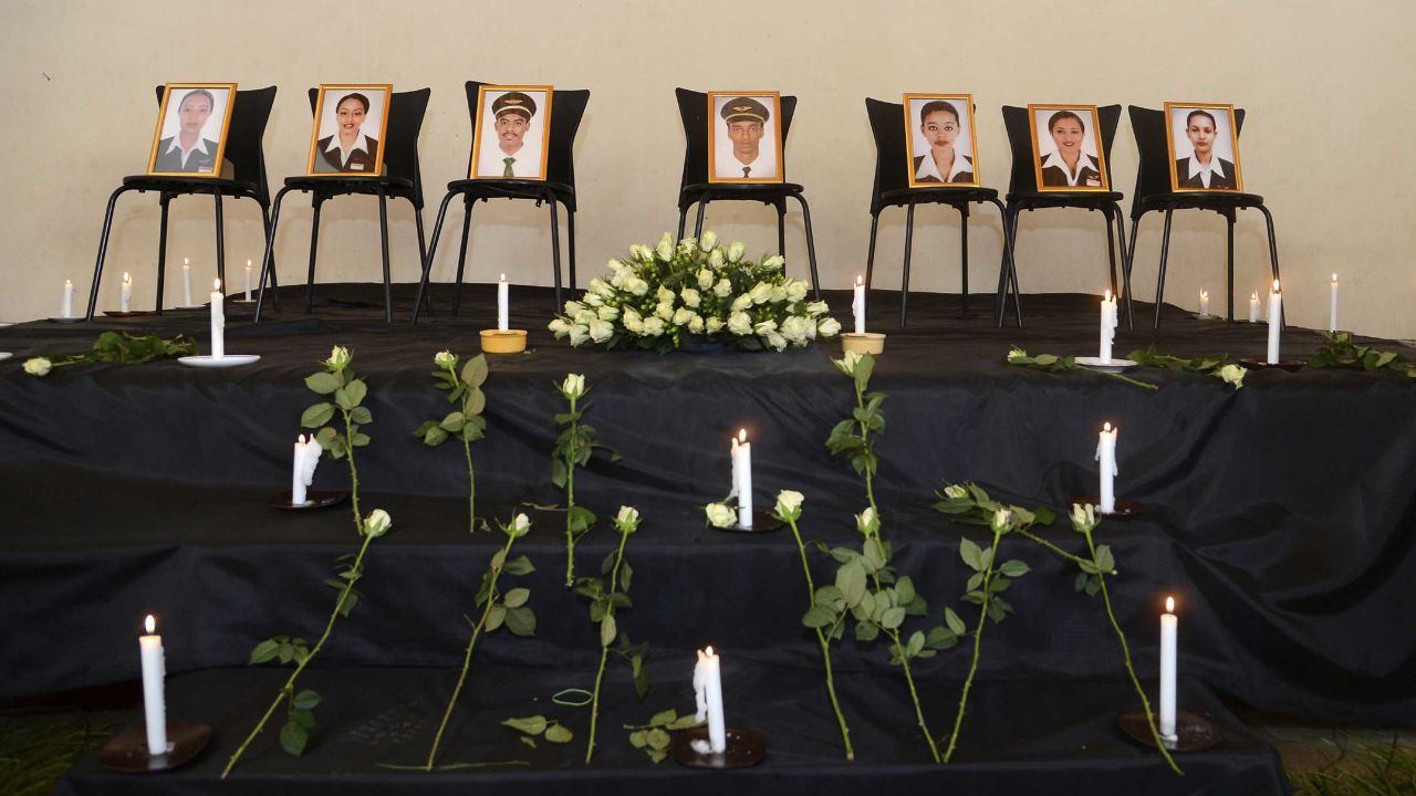 Photographs of the seven deceased crew members on display in Addis Ababa.