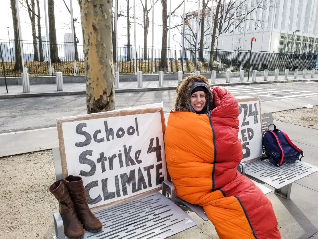 13-year-old Alexandria Villasenor strikes outside the United Nations headquarters in New York City during the polar vortex. 