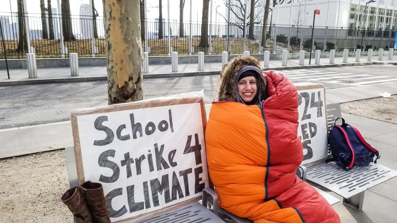 13-year-old Alexandria Villasenor strikes outside the United Nations headquarters in New York City during the polar vortex.