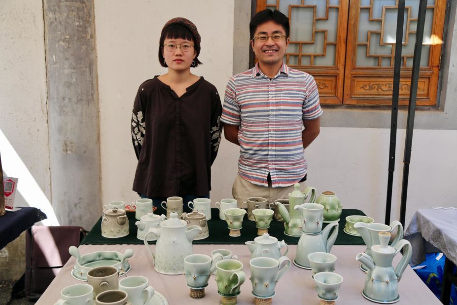 <strong>A new generation of ceramists: </strong>Young ceramists like Lai Yunyun and Zhang Xinkui sell their original handcrafted works at the Pottery Workshop market. Jingdezhen has become a holy land for Chinese youth who want to pursue the art of craftsmanship away from the city bustle. 