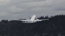 A Boeing 737 MAX 9 is lifts off during the first-flight event for the company's new airplane at Renton Field in Renton, Washington on April 13, 2017. 
The MAX 9 model is almost 9 feet longer than the MAX 8s 129 feet 8 inches, and it carries 178 passengers in two classes compared with the MAX 8s 162 in a similar configuration. / AFP PHOTO / Jason Redmond        (Photo credit should read JASON REDMOND/AFP/Getty Images)