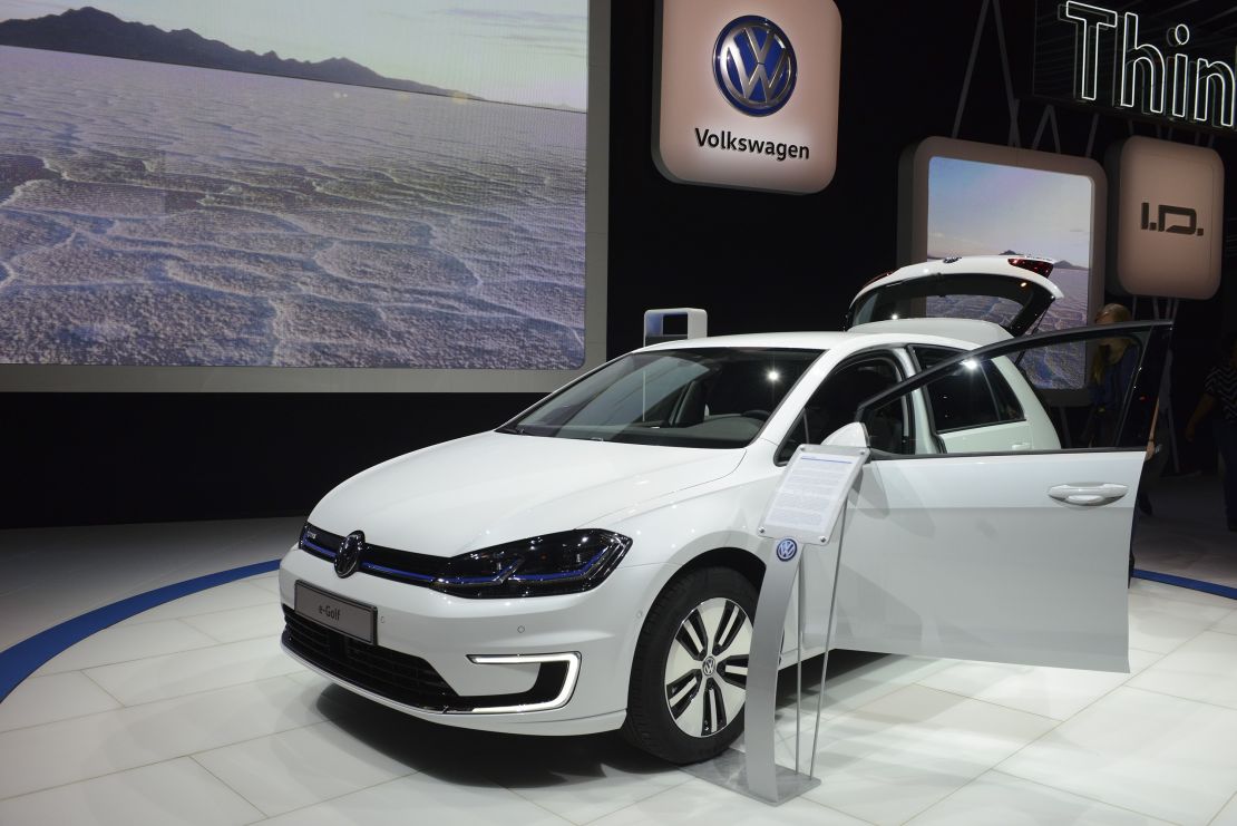 An electric VW Golf is displayed at the Los Angeles Auto Show.