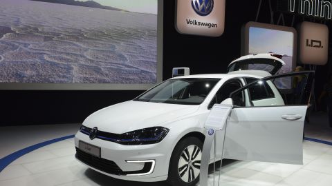 An electric VW Golf is displayed at the Los Angeles Auto Show.