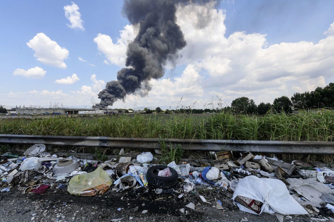 A toxic fire burns at a waste recycling factory in Italy.