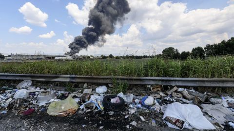 A toxic fire burns at a waste recycling factory in Italy.