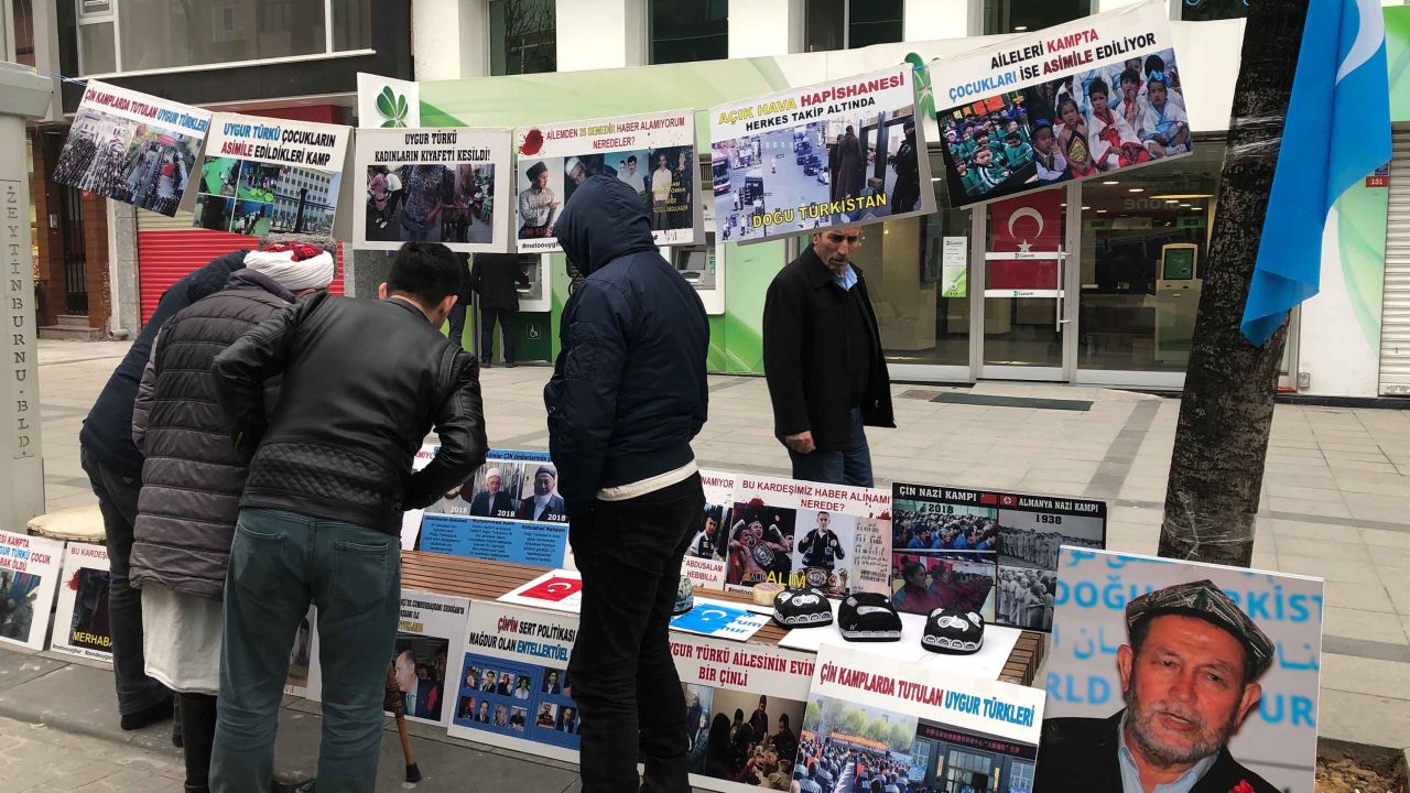 A Uyghur stand in Istanbul pays tribute to disappeared people, believed to be detained in Chinese concentration camps in western China.