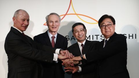 From left to right, Renault CEO Thierry Bollore, Renault Chairman Jean-Dominique Senard, Nissan CEO Hiroto Saikawa and Mitsubishi Motors CEO Osamu Masuko at Nissan's headquarters on Tuesday.