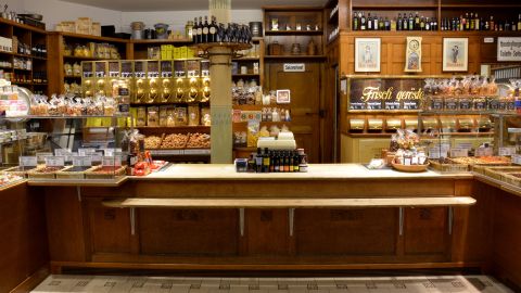 Schwarzenbach Teecafé's walls and counter space are lined with cubby holes filled with dried fruit, coffee beans, sweets, teas and spices, many of which you pay for by weight. 