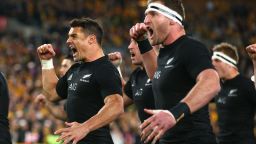 SYDNEY, AUSTRALIA - AUGUST 08: Dan Carter and Kieran Read of the All Blacks perform the Haka during The Rugby Championship match between the Australia Wallabies and the New Zealand All Blacks at ANZ Stadium on August 8, 2015 in Sydney, Australia.  (Photo by Cameron Spencer/Getty Images)