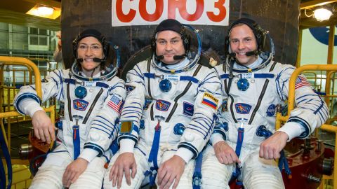 Expedition 59 crew members Christina Koch of NASA, Alexey Ovchinin of Roscosmos and Nick Hague of NASA.