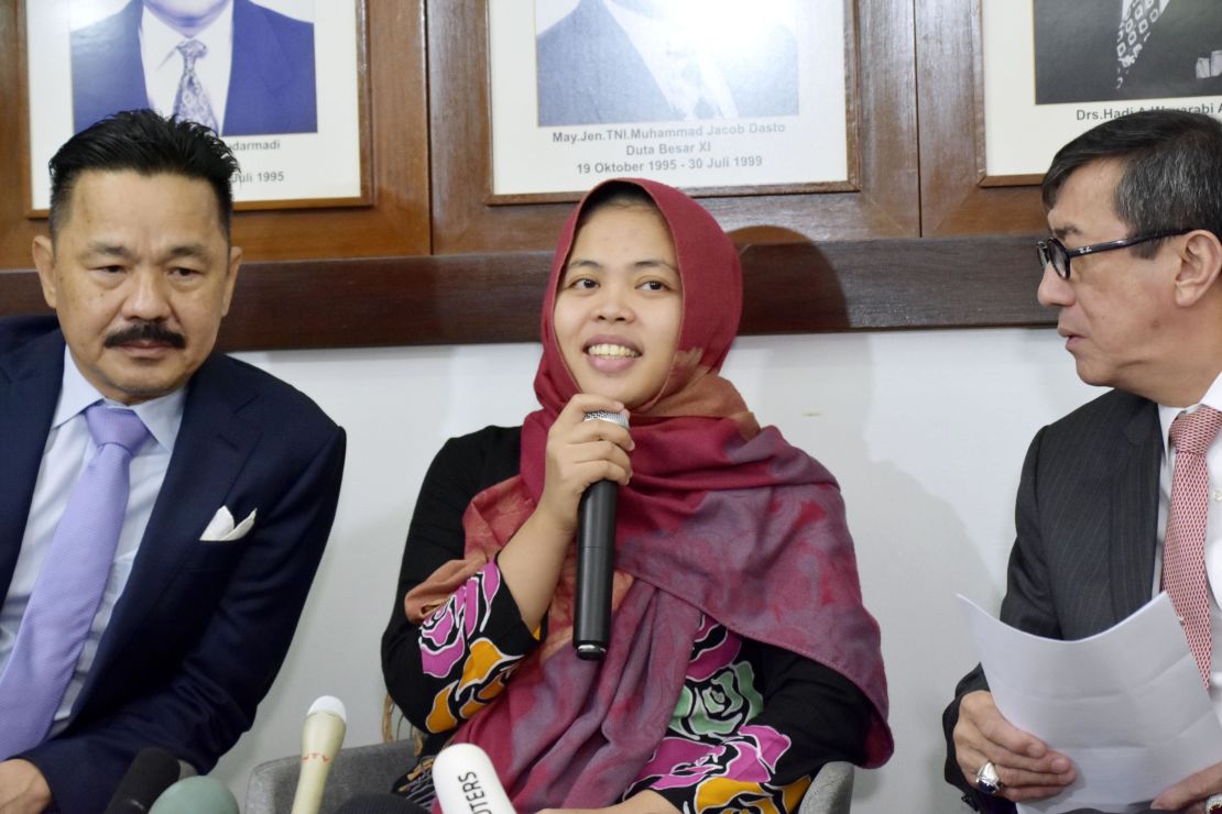 Siti Aisyah speaks at a news conference in the Indonesian Embassy in Kuala Lumpur on Monday.