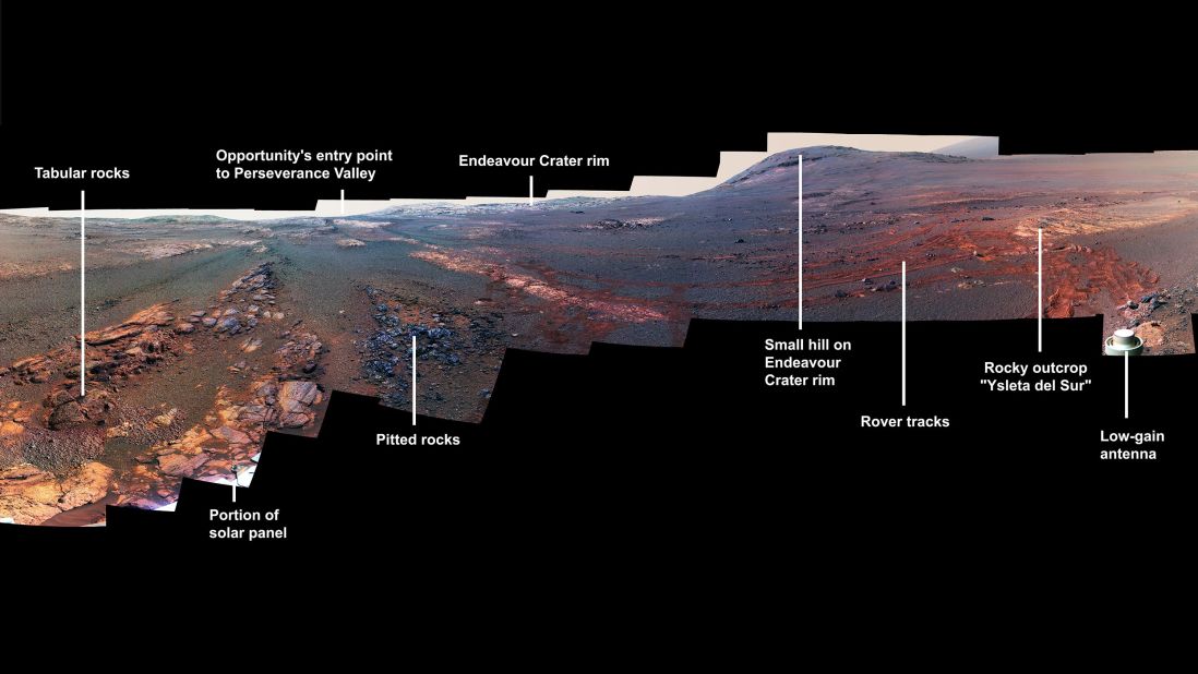 This image is a cropped version of the last 360-degree panorama taken by the Opportunity rover's panoramic camera from May 13 through June 10, 2018. The view is presented in false color to make some differences between materials easier to see.