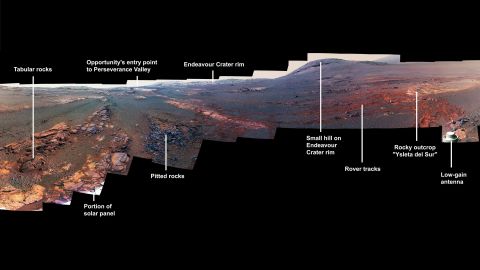 This image is a cropped version of the last 360-degree panorama taken by the Opportunity rover's panoramic camera from May 13 through June 10, 2018. The view is presented in false color to make some differences between materials easier to see.