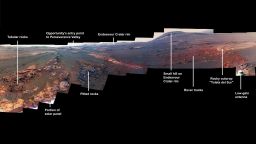 This image is a cropped version of the last 360-degree panorama taken by the Opportunity rover's Panoramic Camera (Pancam) from May 13 through June 10, 2018. The view is presented in false color to make some differences between materials easier to see.
Credits: NASA/JPL-Caltech/Cornell/ASU